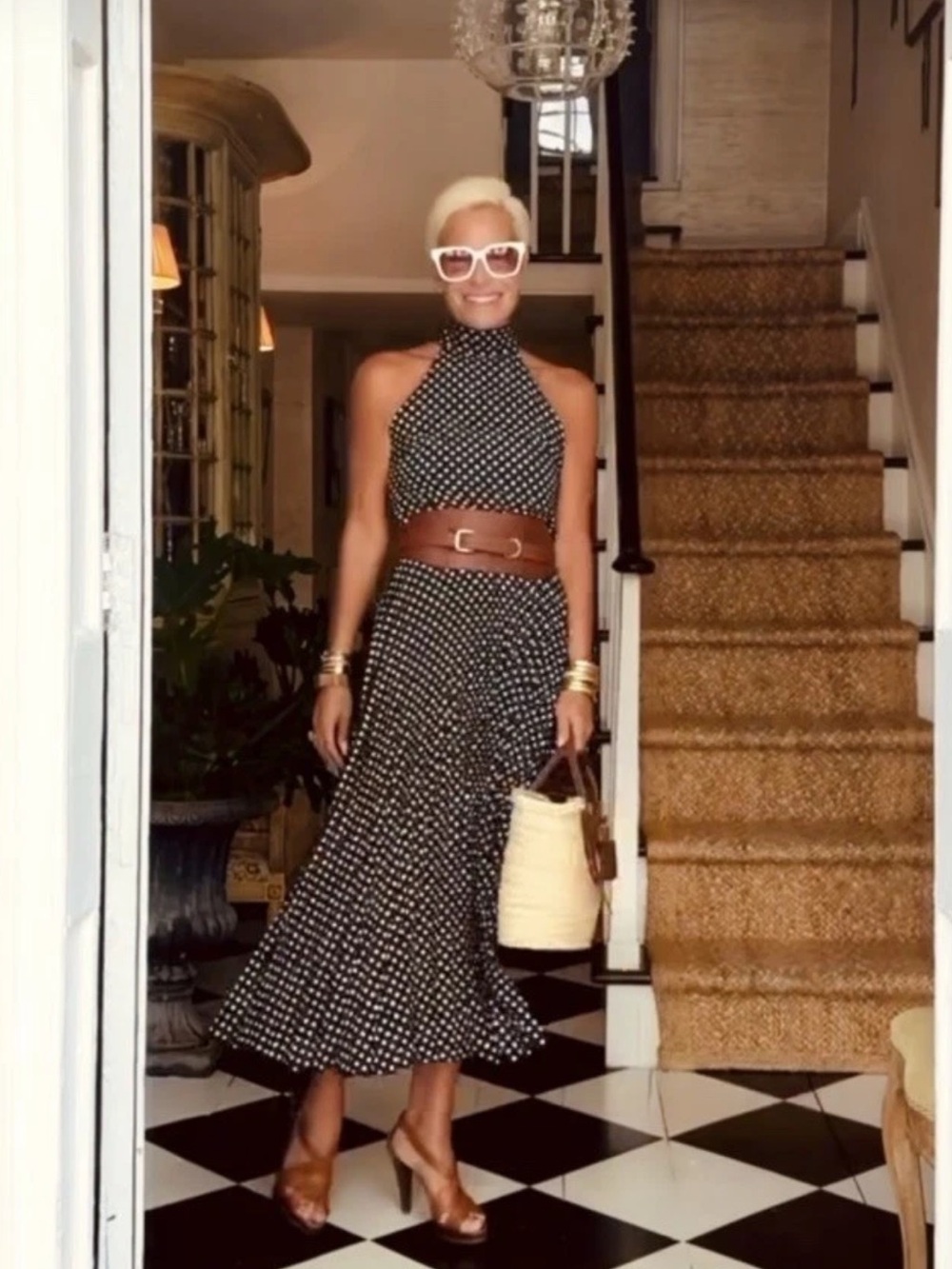 ZARA Navy Polka Dot Halter Maxi Dress with Brown Belt - Picture 3 of 13
